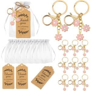 20 Set Light Pink Flower Keychain Party Favor Set Daisy Keyring Flower Keychain Kraft Tag Organza Bag for Guest Wedding Party Bridal Shower Gift