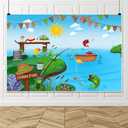 Renaiss 8x6ft Fishing Pond Backdrop for Photoshoot Boys Girls Kids Portrait Bunting Boat Fishes Green Bank Blue Sky Photography Background Baby Shower Newborn Birthday Party Decors Photo Studio Props (FSW07879)