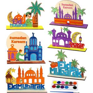 MUOUAKATE 6 Pcs Wooden Ramadan and Eid Crafts Kit, Paint Your Own Ramadan Activities for Boys Girls Ages 3-10 11 12, Ramadan Gifts for Ramadan Eid Party Supplies Class Home Table Decoration
