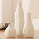 Decorative Flower Vase Set of 3 - Modern Boho Style White Vases, Ribbed Textures Ceramic Vase for Home Decor Shelf Bookshelf Mantle TV Stand Entryway Console, Dining Table Centerpiece Decor