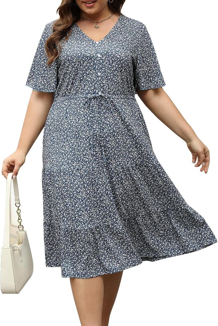 Keluummi Plus Size Summer Midi Dresses for Curvy Women, Casual Boho Floral V Neck Dress with Pockets (Blue)
