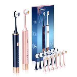 Aneebart Blue & Pink Electric Toothbrush for Adults, USB Rechargeable Sonic Toothbrush with 12 Brush Heads, Smart Timer, 6 Modes, 2-Hour Fast Charge Last 30 Days