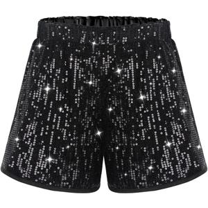 WELAKEN Sparkly Sequin Shorts for Girls Kids High Waist Elastic Party Dance Shorts Black 12Y