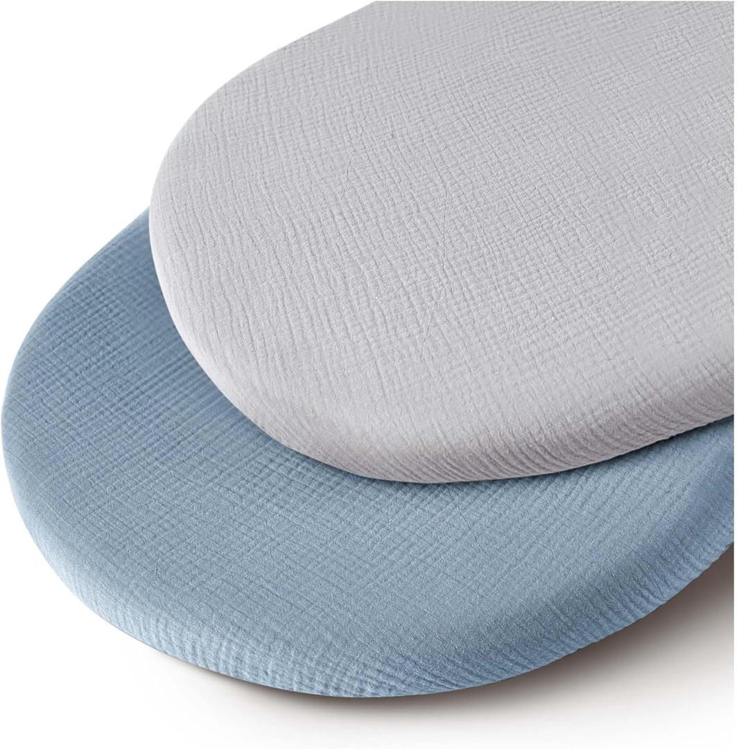 Muslin Bassinet Sheets for Babies  Soft & Breathable 100% Cotton Fitted Sheets for Oval, Rectangle, Hourglass Bassinet Mattress Pads, 2-Pack (Ivory & Pink) (Blue)