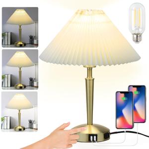 Touch Bedside Table Lamp  Modern Small Lamp for Bedroom Living Room Nightstand, Desk lamp with Fabric Lamp Shade, Warm LED Bulb, 3 Way Dimmable, Simple Design Mother's Day Gifts (Gold)