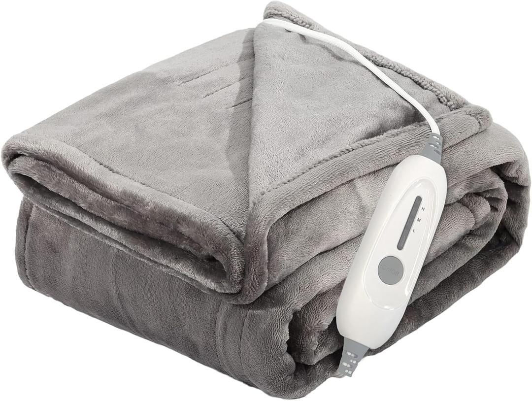 JIAMEIDING Electric Heated Blanket Throw, Super Soft Flannel 50" x 60" Heating Throw with 3 Fast Heating Levels & 4 Hours Auto Off, Machine Washable, ETL&FCC Certification, Home Office Use, Grey