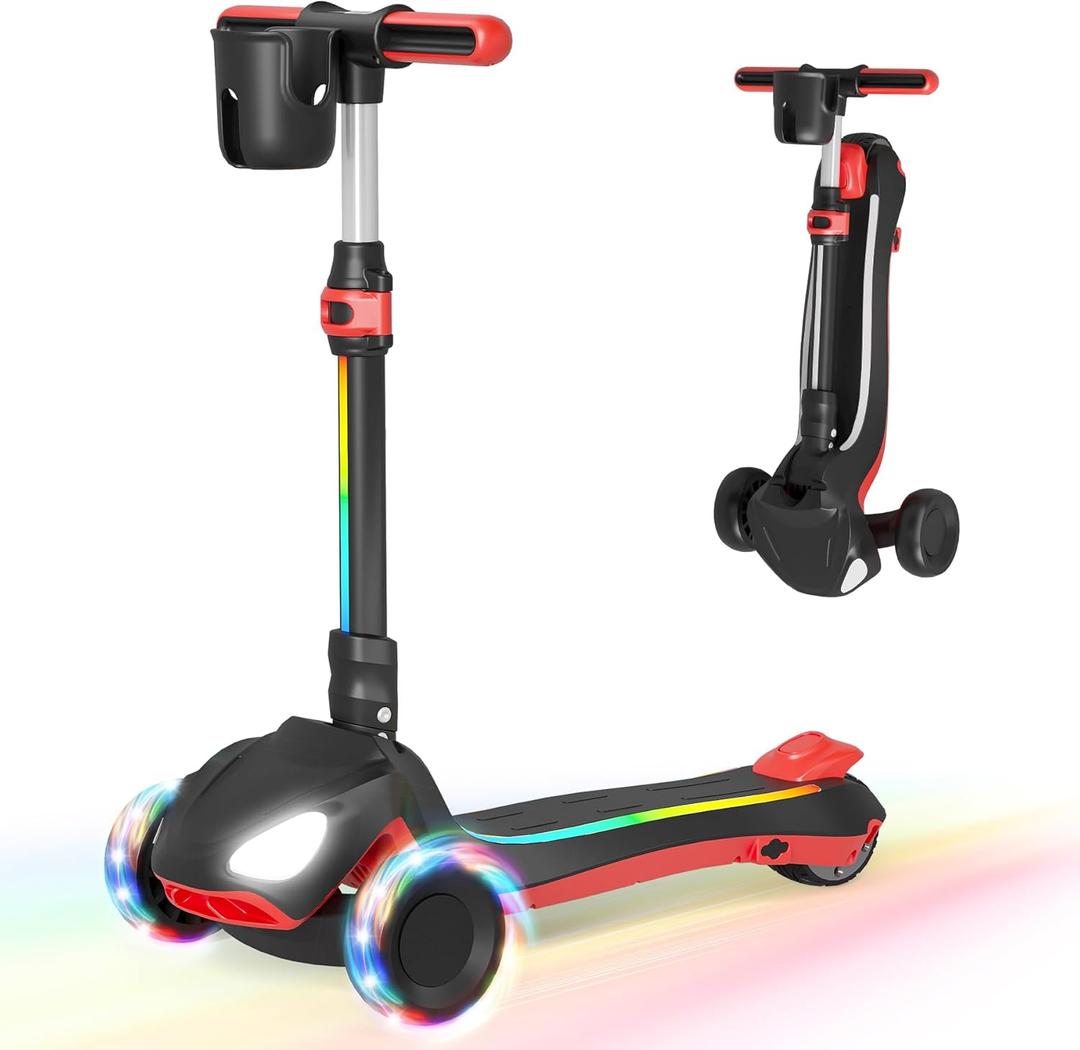 SIMATE Electric Scooter for Kids Ages 3-12, 3 Adjustable Heights, Foldable & LED Display, Thumb Throttle, 5MPH Safe Speed, 60min Riding, Wheel Lights & Headlight & Standpipe lamp & Pedal lights, Gifts (Black)