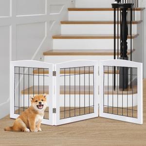 LZRS 3-Panel Freestanding Foldable Wooden Dog Gate Solid Wood & Steel Wire Chew-Resistant Indoor Safety Pet Fence for Doorways & Stairs, Ideal for Small to Medium Dogs & Puppies, White