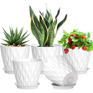 7 inch Plant Pots for Indoor Outdoor Plants, 5 Pack Thick Nursery Pots with Drainage Holes and Saucers, 3D Modern Wave Texture Plastic Planter Pots for Flowers and House Plants, White