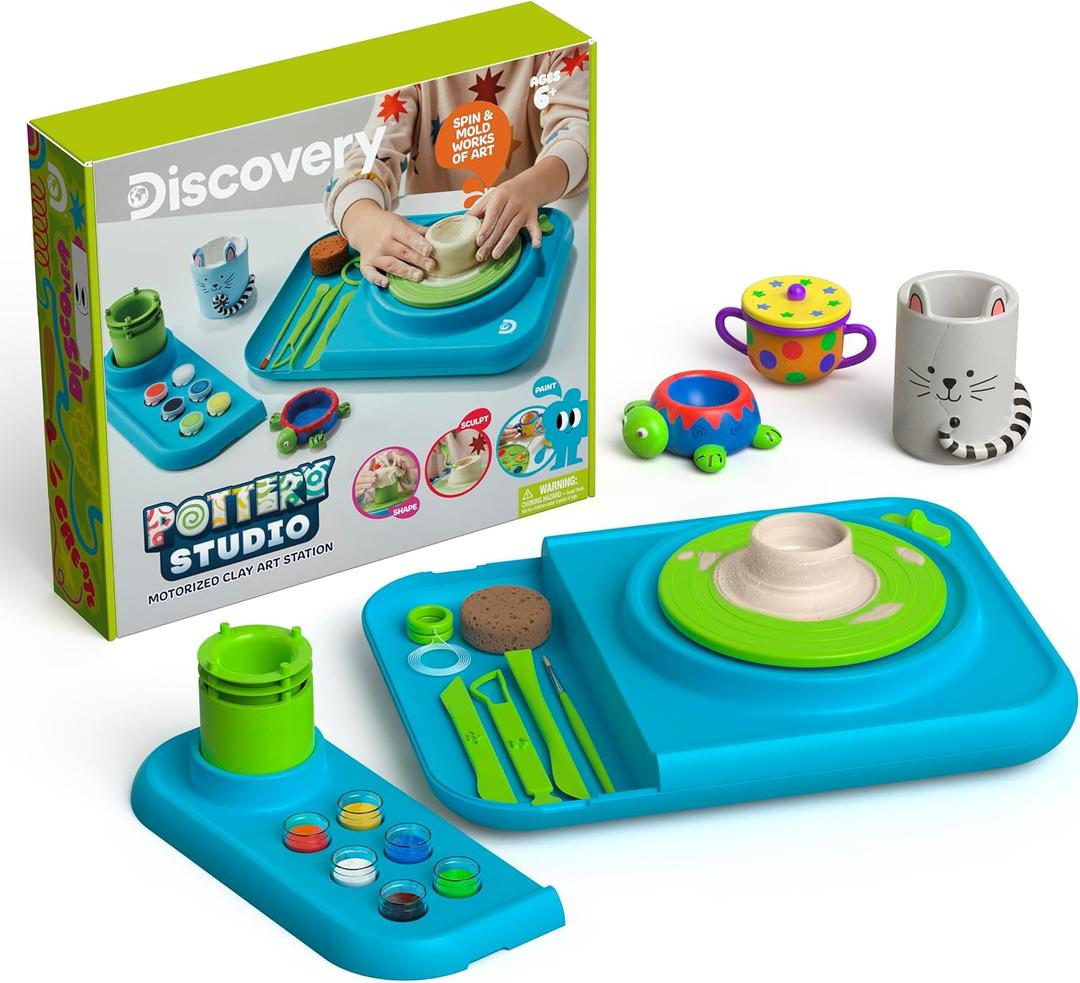 Discovery Pottery Studio Motorized Clay Art Station  Complete Set with Pottery Wheel, 3 Molds, Tools, Paints, & Air-Dry Clay for Kids| Arts and Crafts Toy for Boys Girls| Art Supplies Activity Kit
