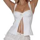 Women Spaghetti Strap Lace Corset Tank Top Vintage Sleeveless Y2K Slim Fit Strappy Camis Vest Top Streetwear (White, M)
