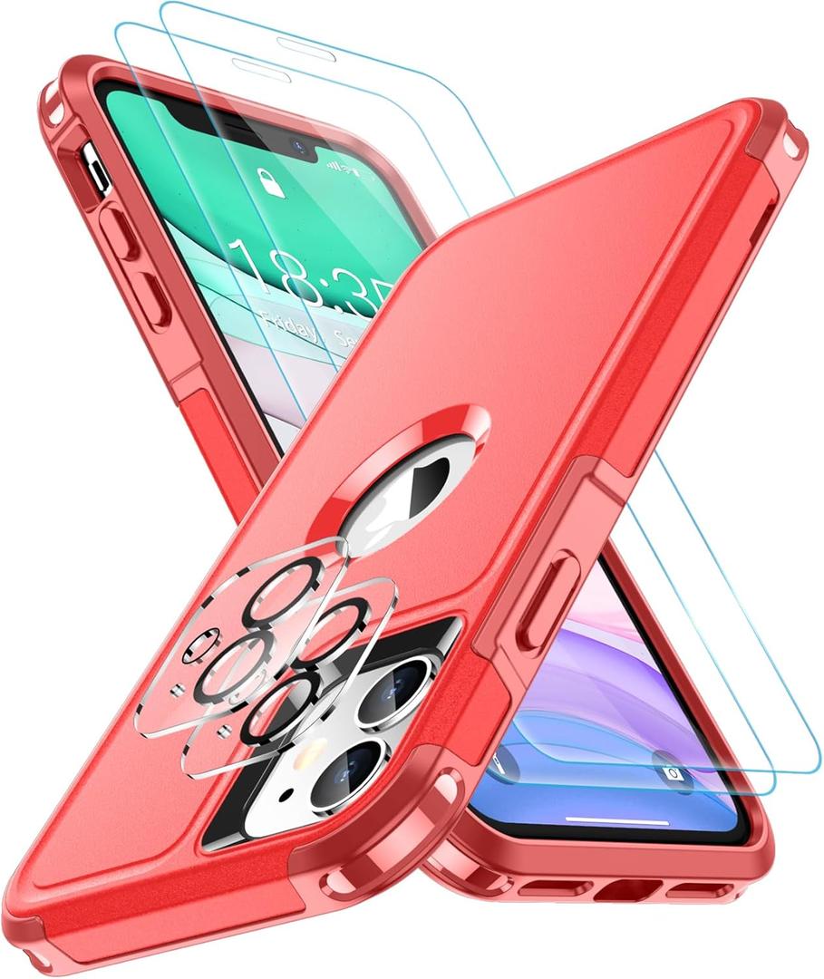 SPIDERCASE Shockproof for iPhone 11 Case,[10 FT Military Grade Drop Protection],with 2 pcs[Tempered Glass Screen Protector+Camera Lens Protector] Heavy Duty Full-Body Protective Phone Case,Red