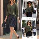 Cuffbow Women Blouses Dressy Casual V Neck 3/4 Length Sleeve Tops Business Work Blouses Office Tunic Shirt with Smocked Cuffs(Green,Small) (Green, S)