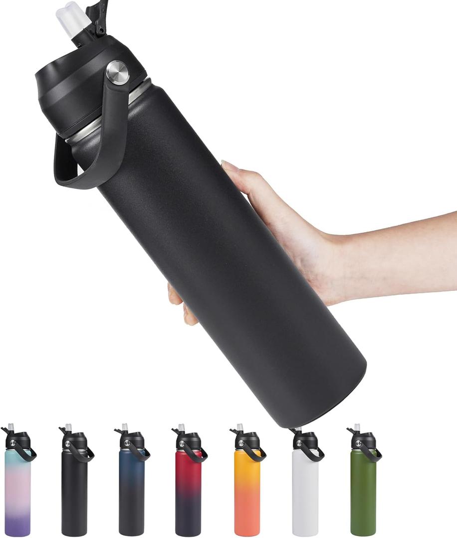24oz Insulated Stainless Steel Water Bottle, Wide Mouth Double Wall Vacuum, Silicone Straw, Sweat & Leak Proof, BPA Free Insulated Water Flask for Travel, Keep Cold 24h Hot 12h, Black