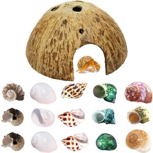 SINKOO Hermit Crab Shell Growth Seashells 15 PCS (7 Types) Natural Coconut Shells Hut for Fish Tank Decor Hide Reptile Hideouts