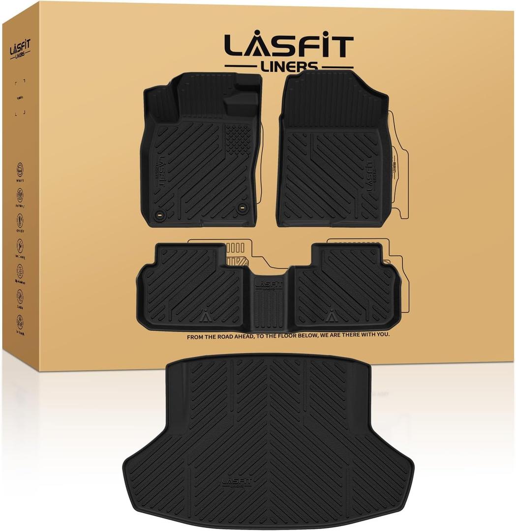 LASFIT Floor Mats & Trunk Mat for Honda Civic Hybrid Sedan 2025 2026 Only, All Weather TPE Custom Fit Car Floor Liner, 1st & 2nd Row & Cargo Mat, Black (Not for Civic Hybrid Hatchback)