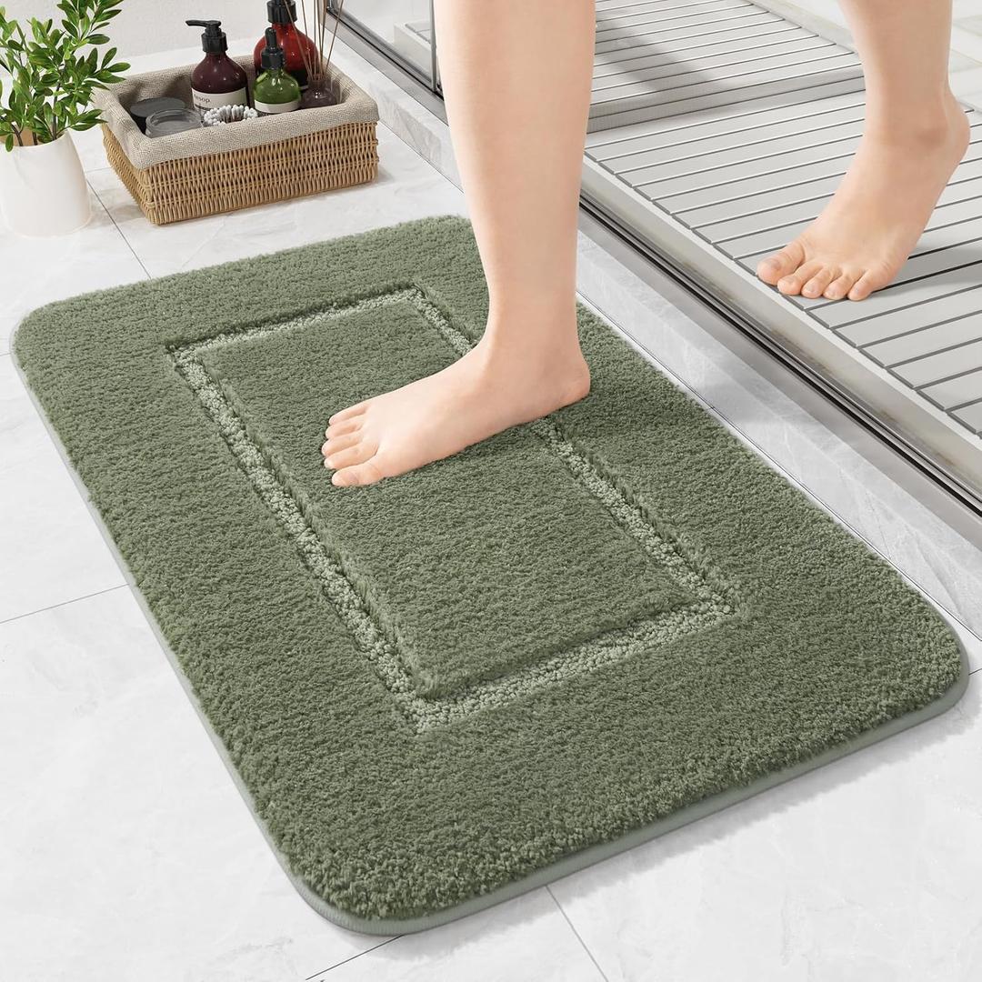 LOCHAS Bathroom Rugs, 24" x 17" Small Bath Rug, Non Slip Washable Bath Mat Soft Absorbent Microfiber Bathroom Mat, Shaggy Plush Luxury Bath Carpet for Shower, Sage Green
