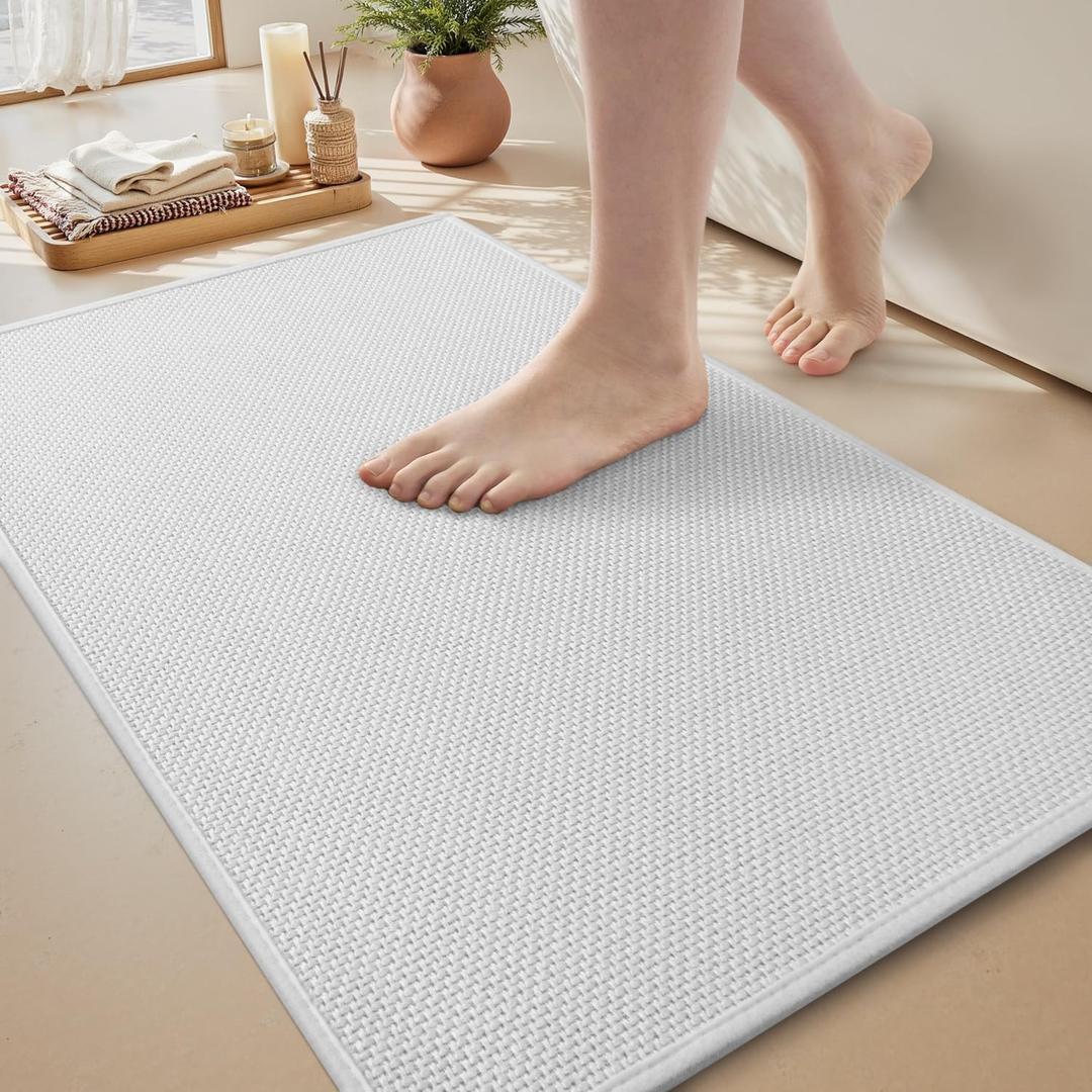 MontVoo Bath Mat Rug-Ultra Thin Non Slip Bath Mats for Bathroom Mat Quick Dry, Rubber Backing Washable Bathroom Rugs Fit Under Door, Absorbent Bath Rugs for Floor,17"x24",White