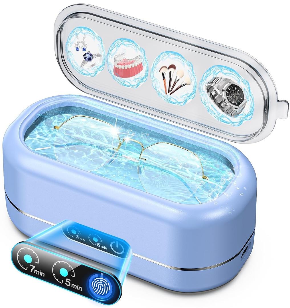 Professional Ultrasonic Jewelry Cleaner with Digital Timer,50KHz Ultrasonic Cleaner Machine with 304 Stainless Steel for Jewelry,Eyeglasses, Rings, Coin, Watch Strap, Dentures, Hygiene Items (Blue)