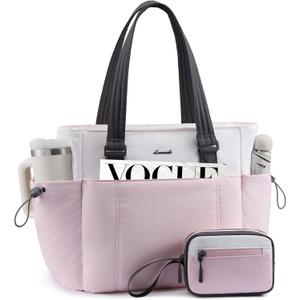 LOVEVOOK Tote Bag for Women, Puffy Work Tote with Large Cup Holder, Quilted Laptop Bag Travel Tote Shoulder Bag Handbag (15.6 inch, Pink-white-gray)