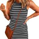 Acelitt Gray Stripe Halter Knit Bodycon Mini Dresses for Women Summer Sexy Club Party Short Dress Beach Vacation Outfits XXLarge