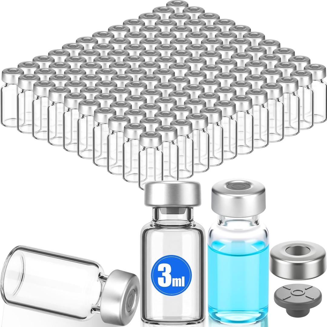 120 Pack Sterile Empty Vials with Self Healing Injection Port Clear Glass Empty Sample Vials with Sealed Aluminum Caps Flat Bottom Lab Vial (3ml)