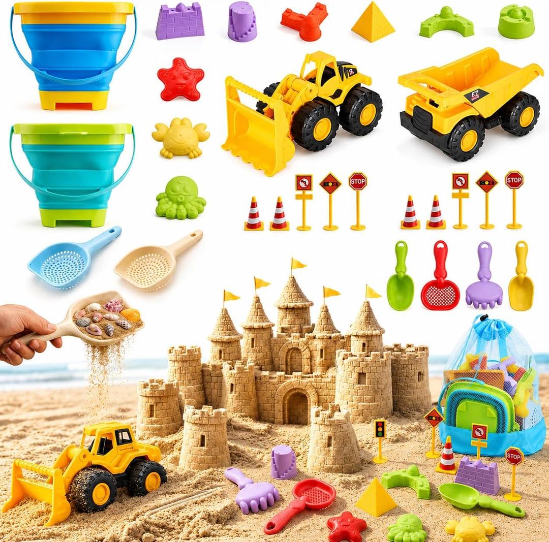 30PCS Beach Toys for Kids Ages 3-10, All-in-One Sand Toys Set with 2 Collapsible Buckets, Shovels, Trucks & Molds, Keep Kids Busy for Hours - Easy to Carry for Beach Travel Sandbox Play