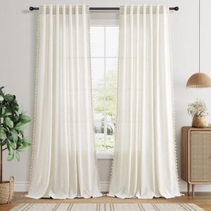 Naturoom Cream Linen Boho Curtains 94 Inch Length 2 Panels Farmhouse Vintage Chic Window Curtain Tassels Back Tab Rod Pocket Curtains for Bedroom Living Room Light Filtering 52X94