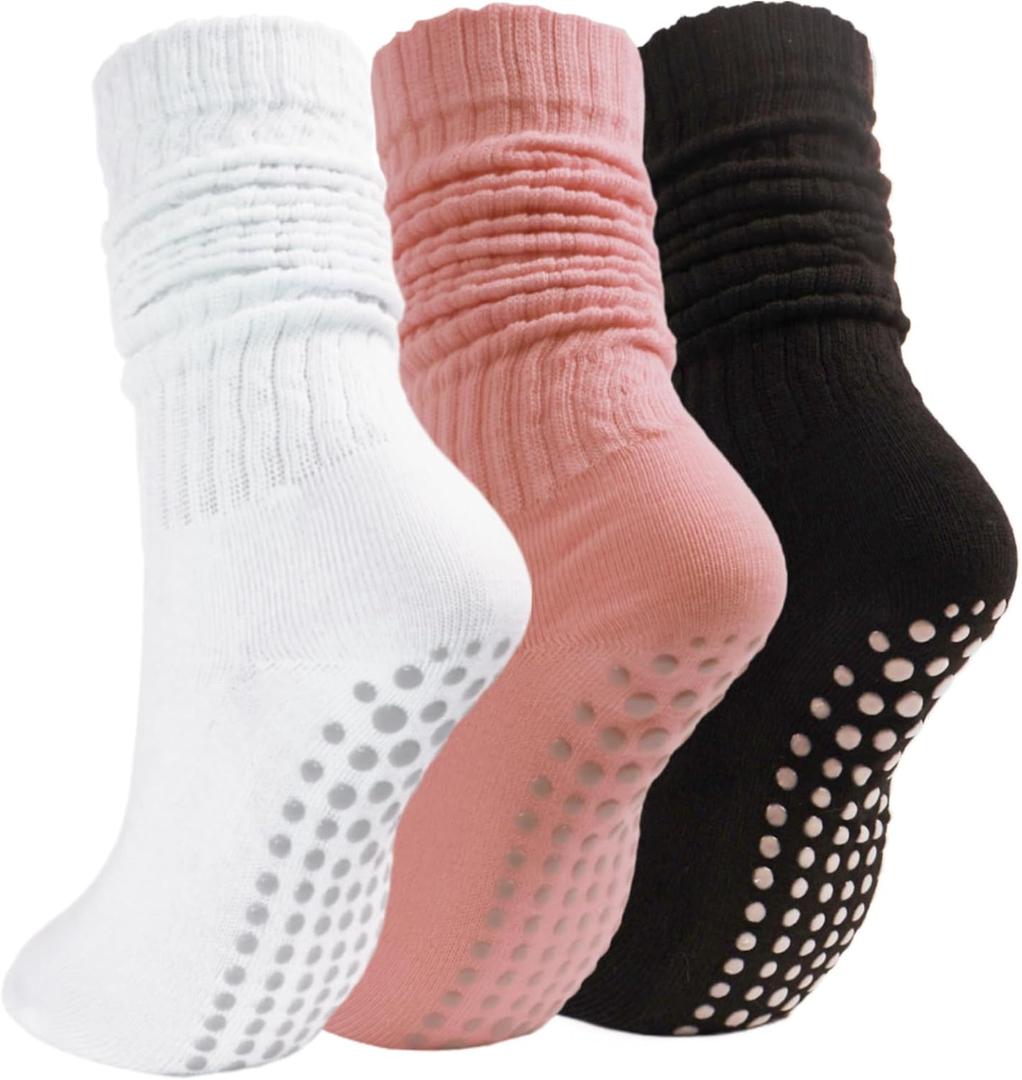 Grip Pilates Socks for Women, Non Slip Yoga Slouch Socks with Gripper, Long Scrunch Tall Crew Sock for Ballet Hospital Pink