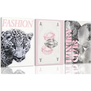 Pink Trendy Leopard Preppy Wall Art Funky Black Cheetah Picture Wall Decor Luxury Club Fashion Disco Ball Ace of Spades Painting Aesthetic Poster Print Artwork for Living Room Bedroom Dorm Apartment, 24L"x16W"