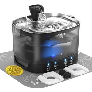 Veken Cordless Cat Water Fountain with Stainless Steel Tray & Secure Clips, 5200 mAh Battery Operated Pet Drinking Dispenser with LED Light, 85oz/2.5L Wireless Fountain for Cats, Dogs and Small Pets