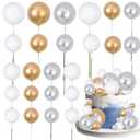 Gyufise 30Pcs Balls Cake Topper Foam Ball Cake Picks Mini Balloon DIY Cake Insert Topper Decoration for Baby Shower Wedding Anniversary Kids Birthday Party Cake Decorations Gold Silver White