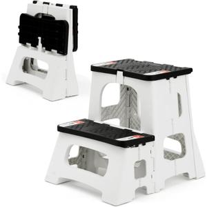 Folding Step Stool, 2-Step 8" 17", Non-Slip, 300lb Capacity | No Assembly, Stable A-Frame, Safety Lock, Anti-Slip Rubber Feet, Collapsible Stool for Kitchen Bathroom Bed RV Office Garden