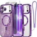 Meifigno Designed for iPhone 17 Pro Max Case 6.9", [Glitter Card & Wrist Strap] [Compatible with MagSafe] [1HD+1X Privacy Screen Protectors] Surround Raised Lens Protection 17 ProMax Case, Deep Purple