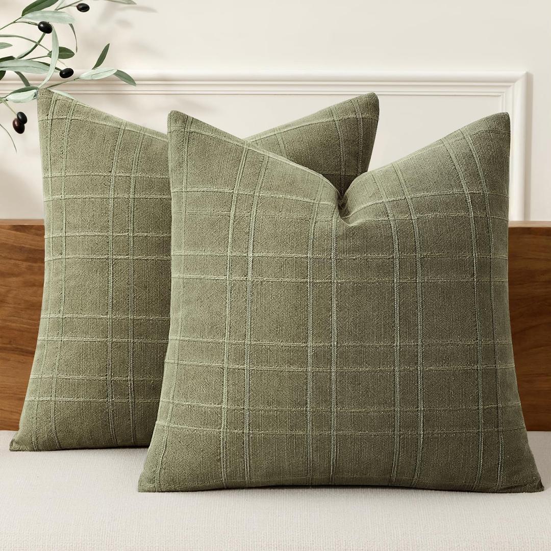 MIULEE Decorative Linen Check Throw Pillow Covers Neutral Farmhouse Vintage Spring Pillow Covers 20x20 Set of 2 Boho Modern Home Decor for Sofa Couch Bedroom Cushion Sage Green