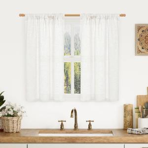 LAMIT Short Linen Curtains 40 Inches Long for Small Window, Rod Pocket Linen Privacy Drapes Light Filtering Semi Sheer Window Panels for Kitchen Bedrooom, 2 Panels (29 x 40 Inch, Ivory White)