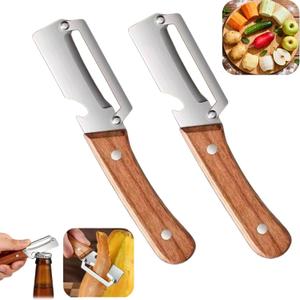 2 PCS Multi-Functional Kitchen Peeler, Vegetable Peeler, Wooden Kitchen Tool, Premium Wooden Handle - Stainless Steel Single Blade & Built-In Bottle Opener, Suitable for Peelable Vegetables & Fruits