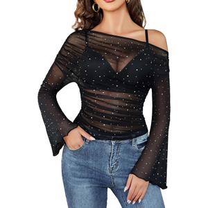 Avidlove Mesh Top for Women Long Sleeve Off The Shoulder Tops Sexy Clubwear Outfits Rhinestone Shirts Black X-Large