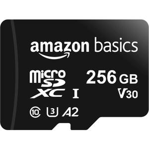 Amazon Basics microSDXC Memory Card with Full Size Adapter, A2, U3, Read Speed up to 100 MB/s, 256GB, Black