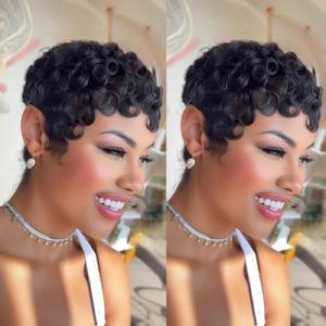 Pixie Cut Curly iWigs for Black Women Short Layered Pixie Wigs Brazilian Virgin Curly Wavy Human Glueless Short Curly Wigs With Bangs Natural Black Color for Daily Use