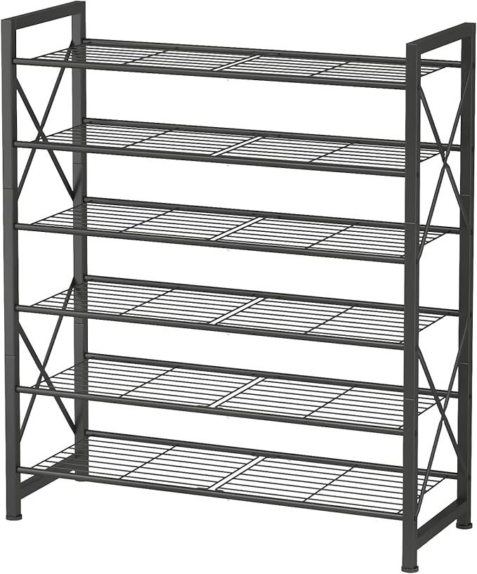MILEFA 6 Tier Metal Shoe Rack, Tall Shoe Shelf Holds 30 Pairs, Vertical Shoe Organzier for Entryway, Garage, Closet, Front Door.