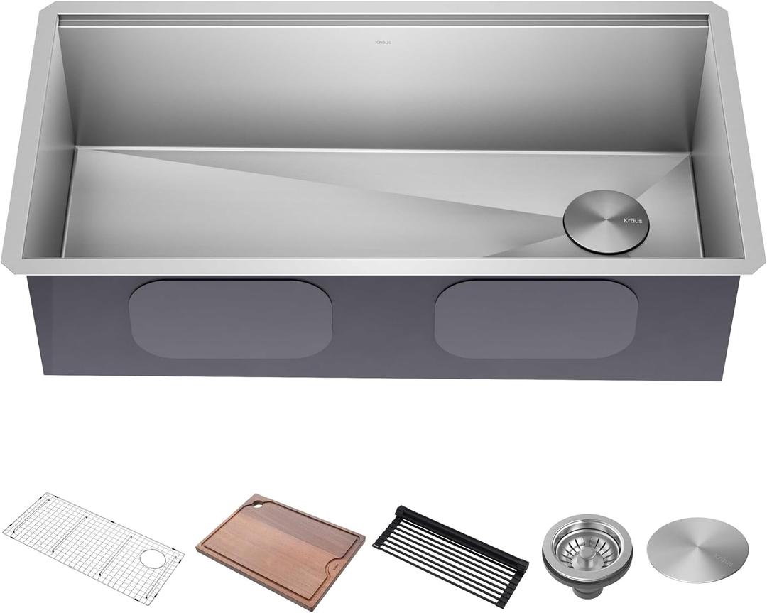 KRAUS Kore 36-Inch Undermount Workstation 16 Gauge Single Bowl Stainless Steel Kitchen Sink with Accessories, KWU110-36, 16-Gauge TRU16 Steel, Integrated Ledge for Accessories, Cutting Board and Roll-Up Rack Included, NoiseDefend Soundproofing