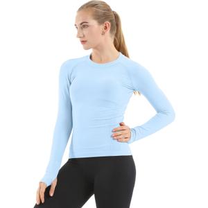 MathCat Seamless Workout Shirts for Women Long Sleeve Yoga Tops Sports Running Shirt Breathable Athletic Top Slim Fit (Small, Light Blue)