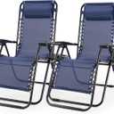 2PC Folding Chaise Lounge, Outdoor Sun Tanning Chairs with Pillow, Zero Gravity Chairs with Reclining Back Cup Holder, Steel Frame & Breathable Mesh for Beach, Yard, Patio, Poolside, Blue