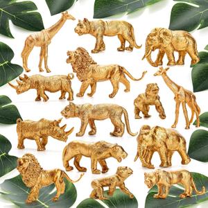 ZENFUN 26 Packs Gold Jungle Animal Figures, 14 Pcs Animals Toy and 12 Pcs Faux Tropical Palm Leaves, Plastic Zoo Animal Figure with Elephant Lion Giraffe Orangutan Rhinoceros Cheetah Leopard
