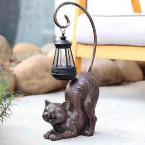 Solar Cat Figurine, 15.7 Inches Tall LED Waterproof Antique Bronze Resin Statue, Auto On/Off at Dusk for Cat Lovers or Memento Gift Outdoor Decor
