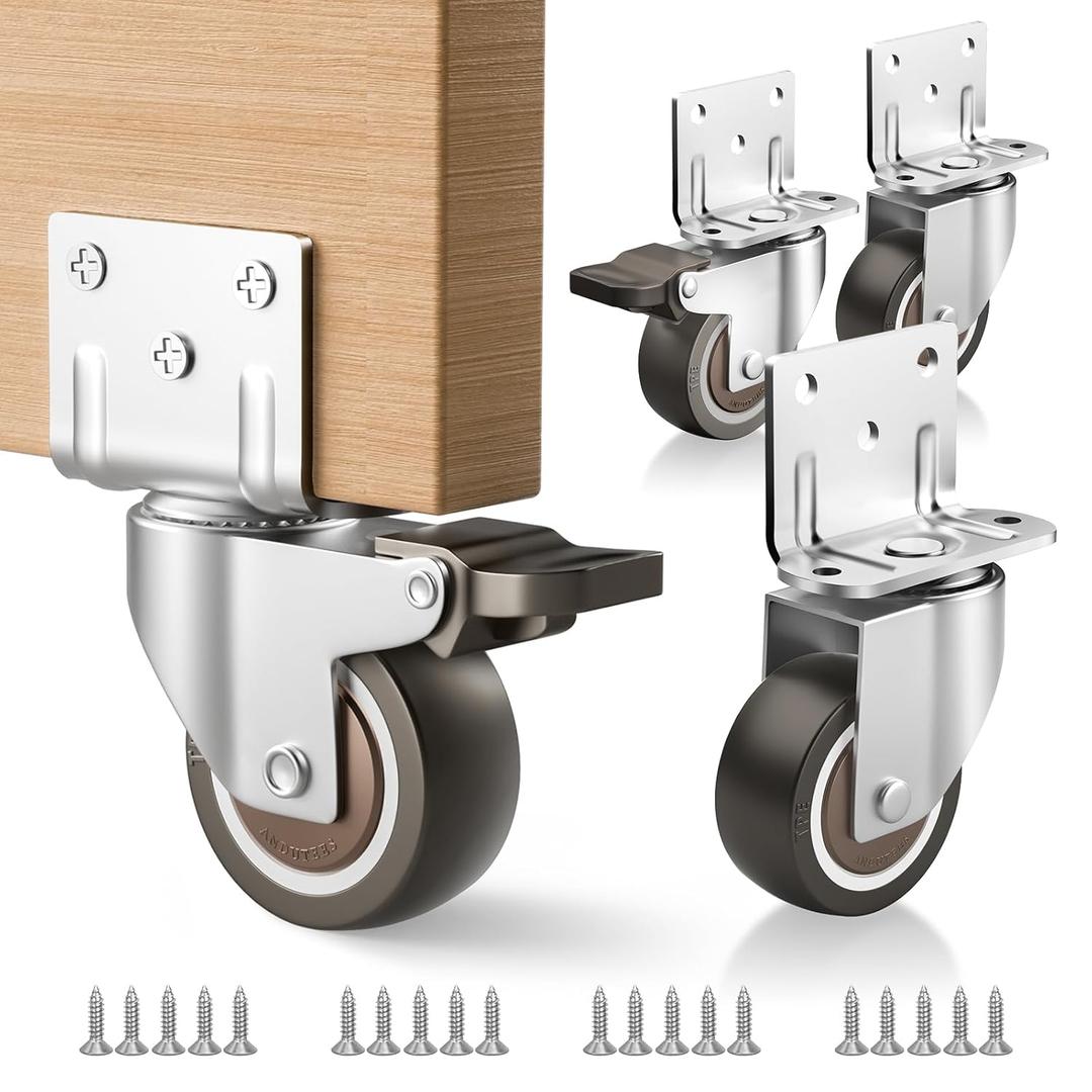 Side Mount Casters, 2 Inch Furniture Wheels, L-Shaped Rubber Casters Set of 4, 360-Degree Locking Swivel Top Plate Castor Wheels for Furniture, Baby Bed, Kitchen, Cabinet, Table