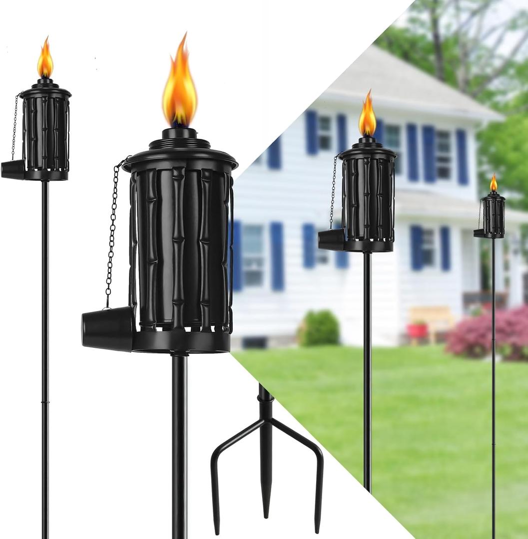 FAN-Torches Home Garden Torch Set of 4, 16oz Outdoor Metal Torch Garden Décor, 59-Inch Upgraded Citronella Torches with 3-Prong Grounded Stake, Metal Light Torches for Party Patio Pathway