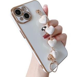 Caseative for iPhone Xr Case, Plating Love Heart Wrist Strap Chain Bracelet Soft Compatible with iPhone Case for Women Girls (White,iPhone Xr)