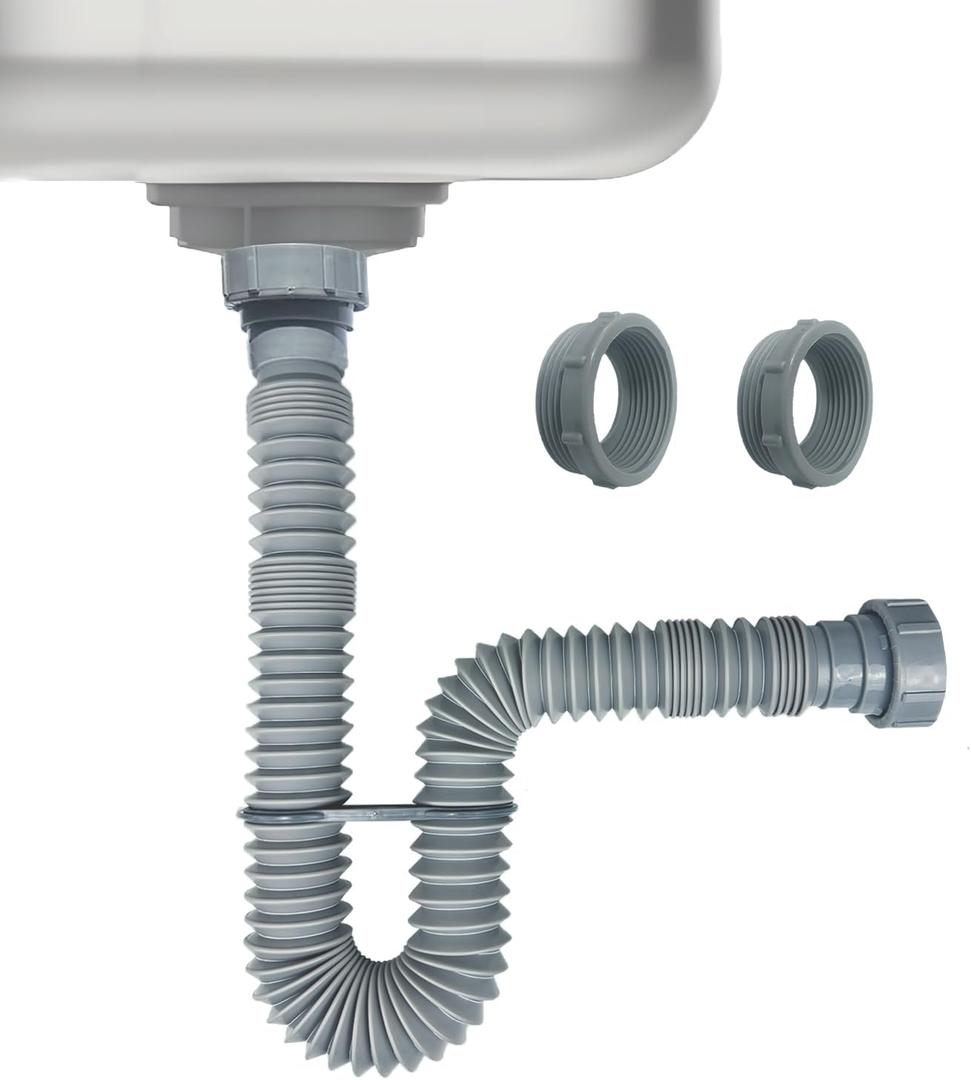 1-1/2 Inch Flexible Sink Drain Pipe, Scalable 13-33.5 Inch P Trap Pipe, Kitchen Sink Drain KitBathroom Sink Drain, Contains 1-1/4 Inch Adapter (Gray)